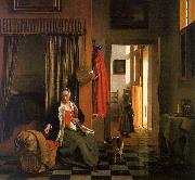 Pieter de Hooch Mother Lacing her Bodice Beside a Cradle Sweden oil painting artist